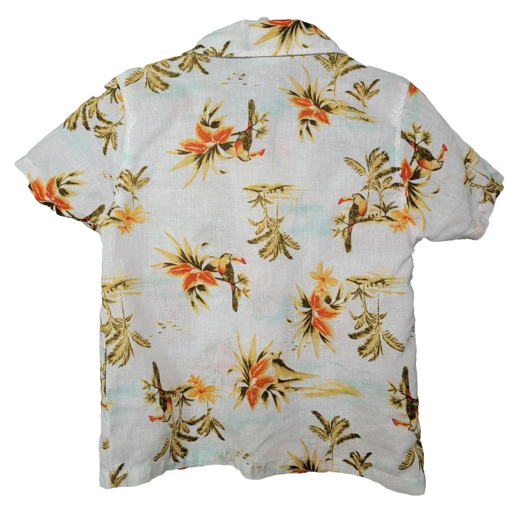 Old Navy Linen Blend Button Shirt Toucan Parrot Tropical Hawaiian Toddler 12-18